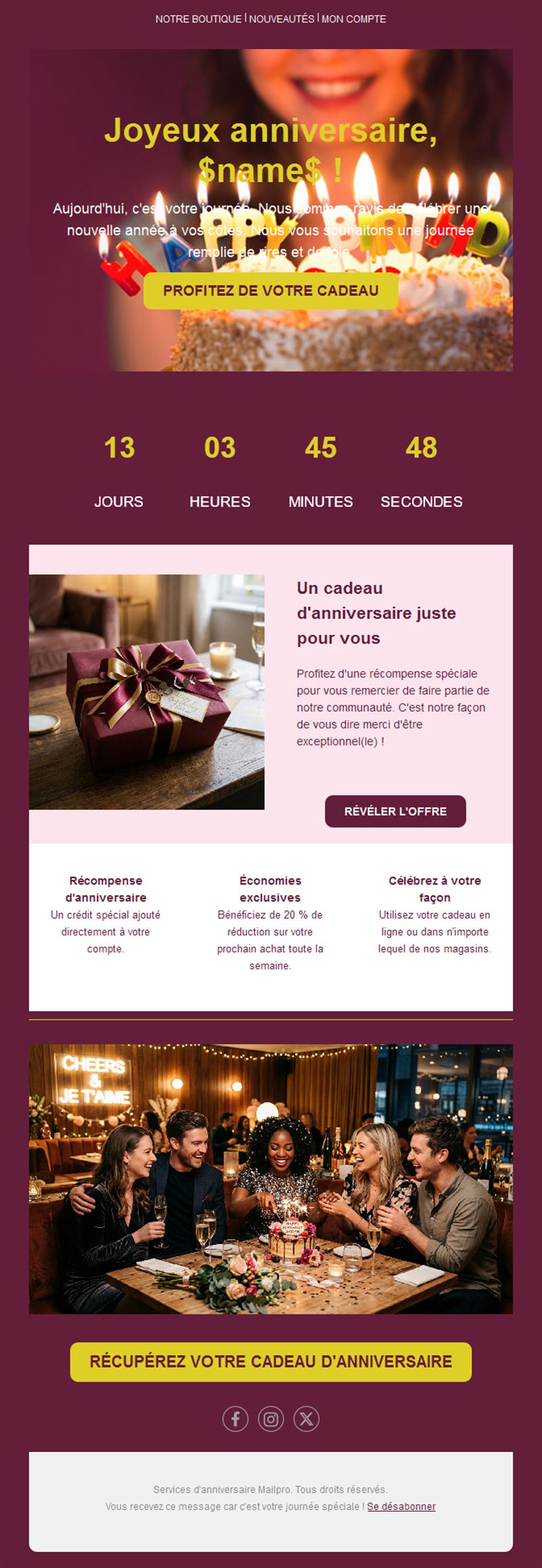 Email bordeaux de récompense d'anniversaire