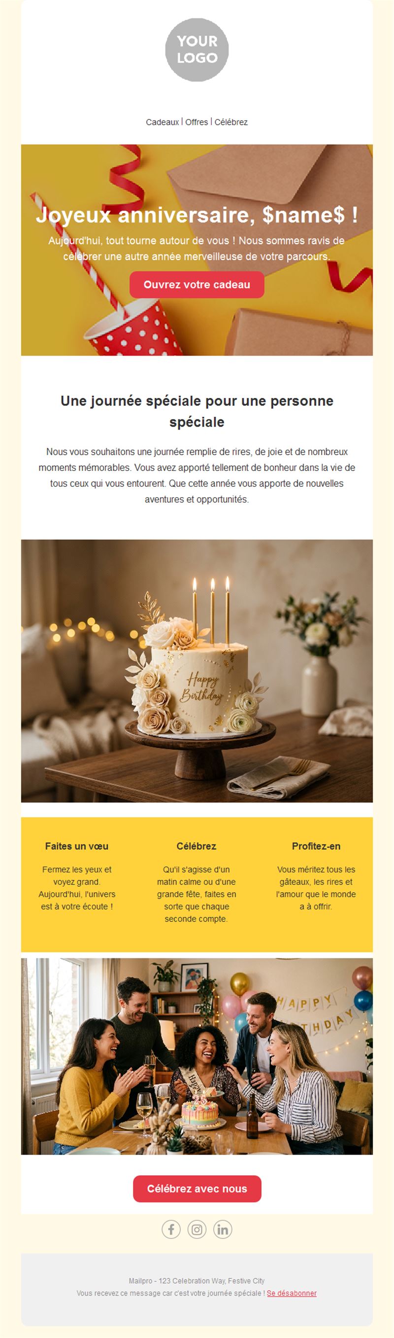 Email jaune de cadeau d'anniversaire