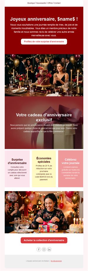 Email rouge de cadeau et remise d'anniversaire