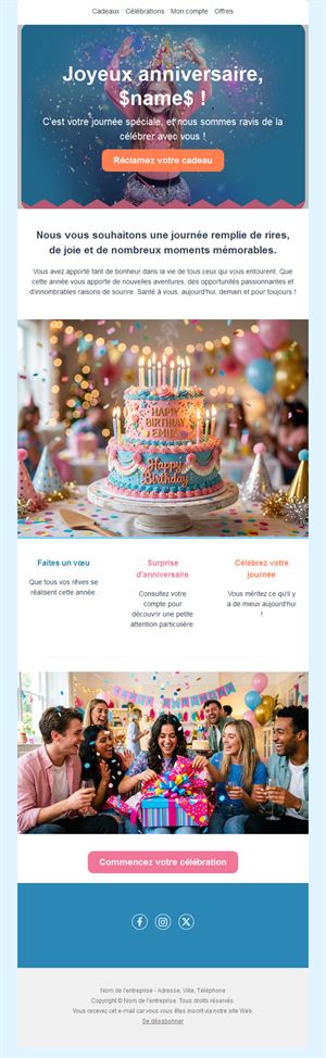 Email d'anniversaire avec gâteau coloré