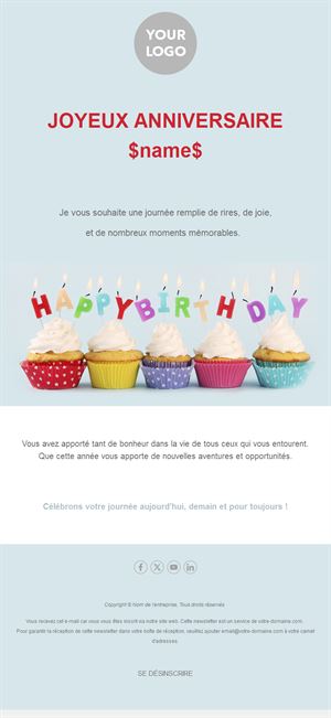 Email de vœux d'anniversaire simple avec cupcakes
