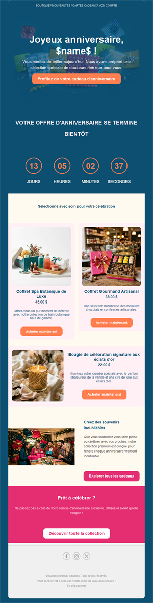 Email d'offre d'anniversaire avec compte à rebours