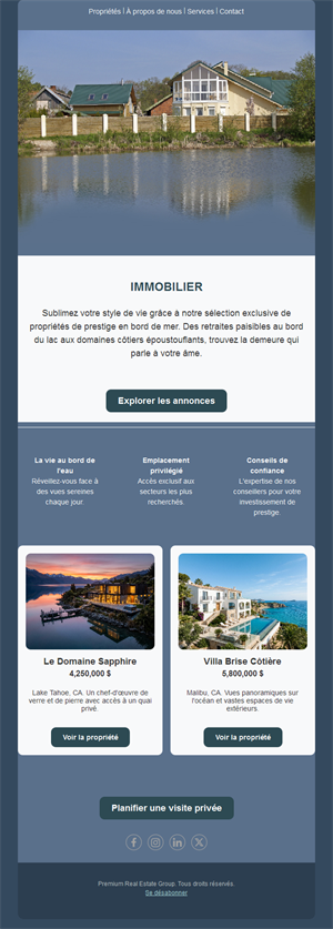 Email immobilier de biens au bord de l'eau
